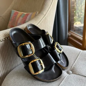 Birkenstock Women's Black Sandals with Gold Buckles