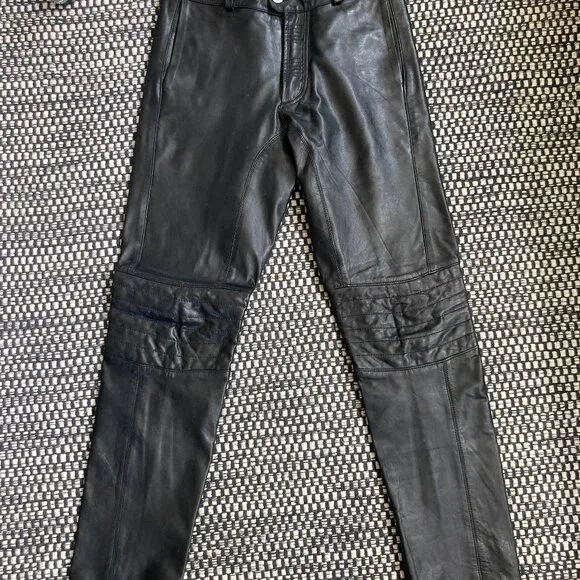 Black Leather Moto Biker Pants, 30x31