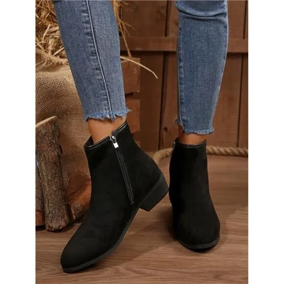 Black Patchwork Ankle Boots, Short Boots