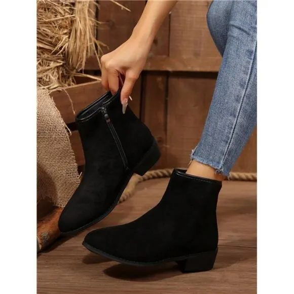 Black Patchwork Ankle Boots, Short Boots
