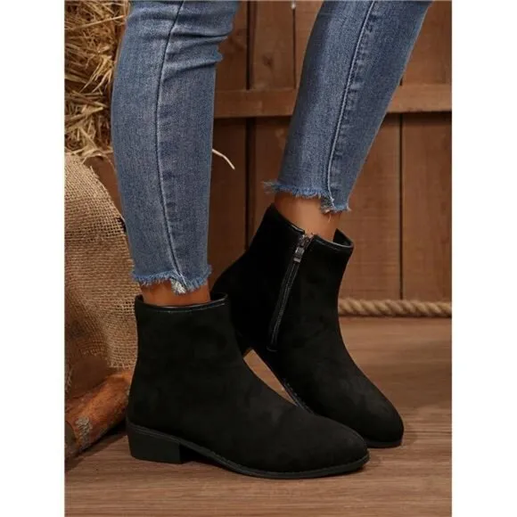 Black Patchwork Ankle Boots, Short Boots