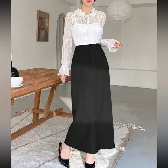 Black pencil midi skirt