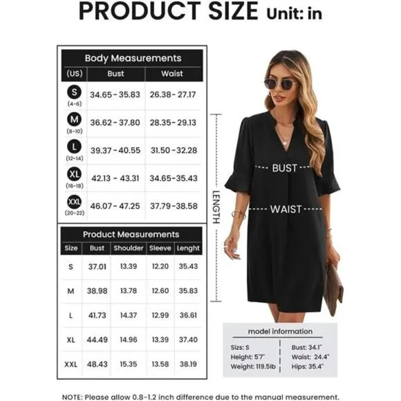 Blue Shift Dress for Women V Neck Short Sleeves Solid Color Casual Flowy Dresses