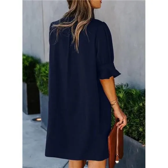 Blue Shift Dress for Women V Neck Short Sleeves Solid Color Casual Flowy Dresses