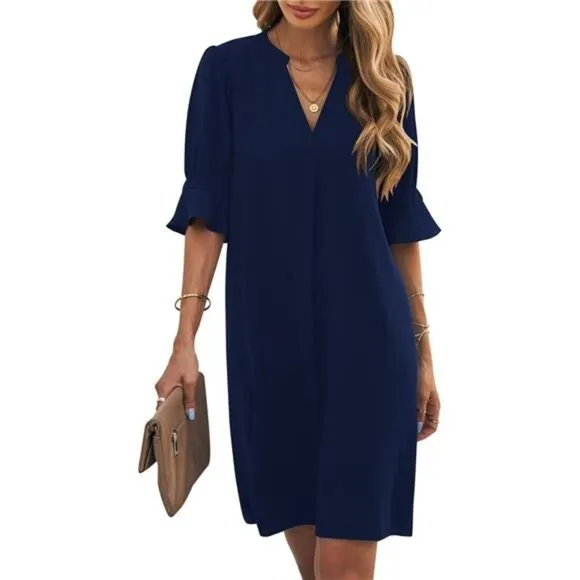 Blue Shift Dress for Women V Neck Short Sleeves Solid Color Casual Flowy Dresses