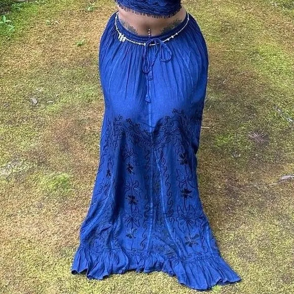 Blue Vintage Vibe Embroidered and Patchwork Maxi Skirt