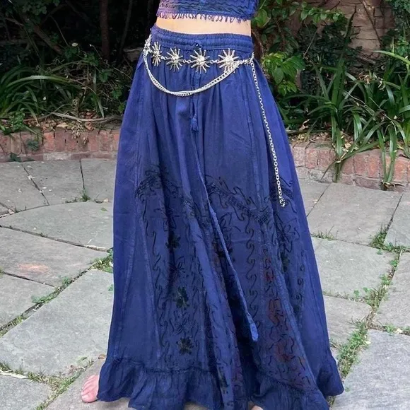 Blue Vintage Vibe Embroidered and Patchwork Maxi Skirt