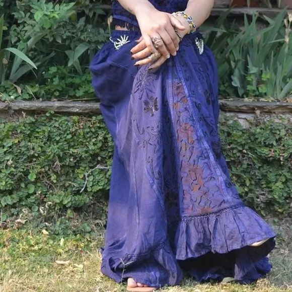 Blue Vintage Vibe Embroidered and Patchwork Maxi Skirt