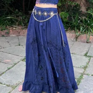 Blue Vintage Vibe Embroidered and Patchwork Maxi Skirt