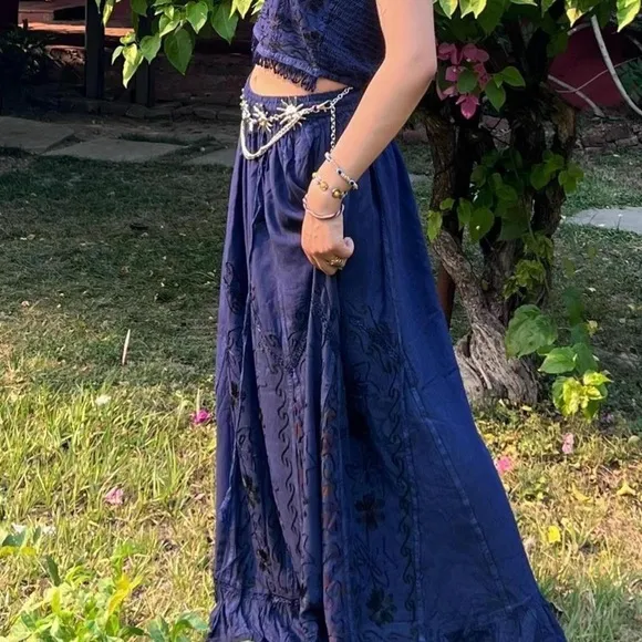 Blue Vintage Vibe Embroidered and Patchwork Maxi Skirt