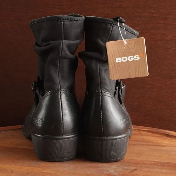 Bogs Boots Womens SZ 8 Black Cassie Leather Waterproof Slouchy Ankle Pull On NWT