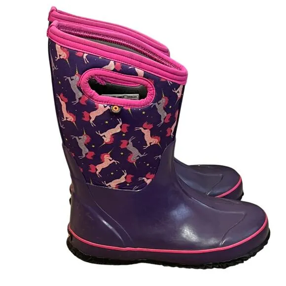Bogs Unicorn Boots Girls 5 Purple Pink Insulated Neoprene &amp; Rubber Waterproof