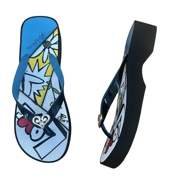 Brighton Retired Mod Wedge LOVE Flip Flops Sandals Black Like New Size 9