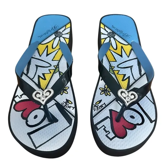 Brighton Retired Mod Wedge LOVE Flip Flops Sandals Black Like New Size 9