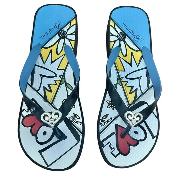 Brighton Retired Mod Wedge LOVE Flip Flops Sandals Black Like New Size 9