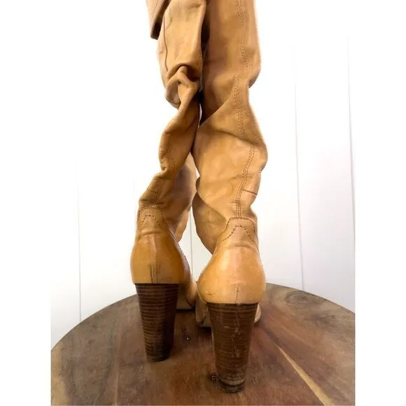 Bronx Tan Leather High Heeled Boots Tall with Foldover for OTK Styling Size 8