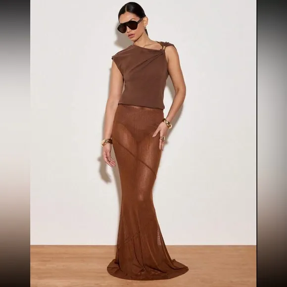 Brown sheer mesh stretchy maxi skirt