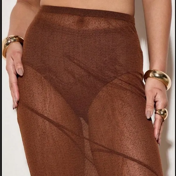 Brown sheer mesh stretchy maxi skirt