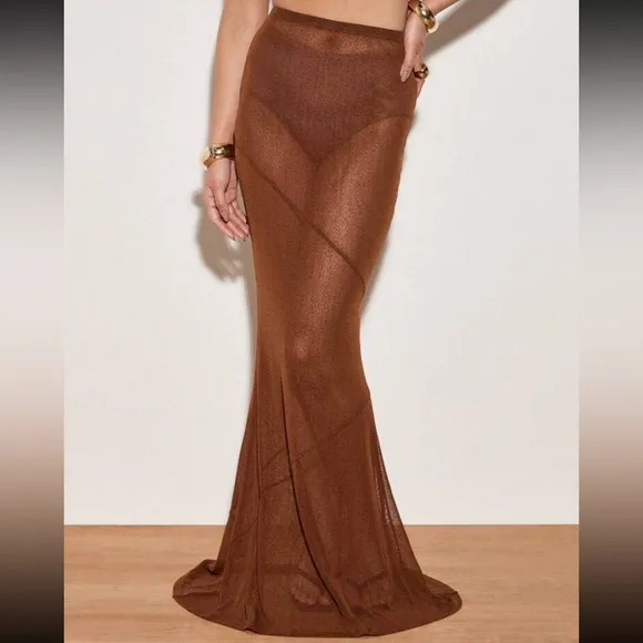 Brown sheer mesh stretchy maxi skirt
