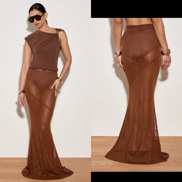 Brown sheer mesh stretchy maxi skirt