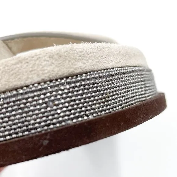 Brunello Cucinelli Thong Flip Flop Sandals Gray Suede Beaded Sz 36.5 / 6.5 US