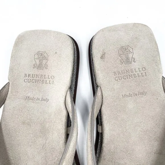 Brunello Cucinelli Thong Flip Flop Sandals Gray Suede Beaded Sz 36.5 / 6.5 US