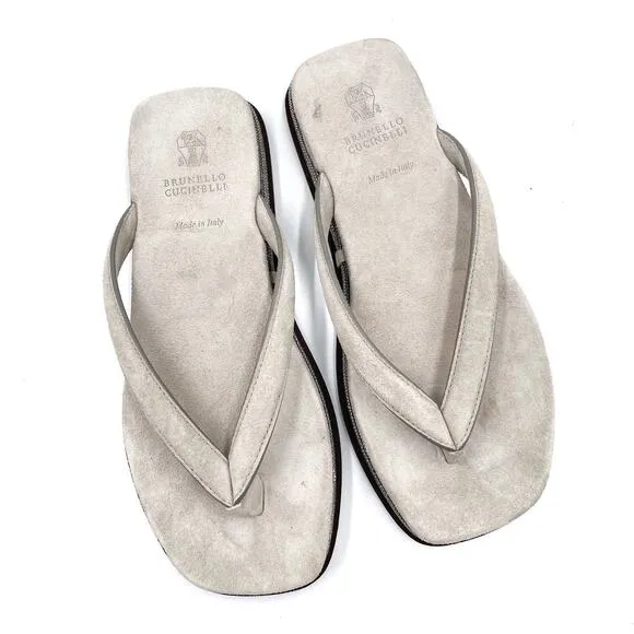 Brunello Cucinelli Thong Flip Flop Sandals Gray Suede Beaded Sz 36.5 / 6.5 US