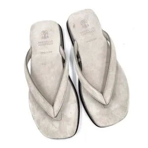 Brunello Cucinelli Thong Flip Flop Sandals Gray Suede Beaded Sz 36.5 / 6.5 US