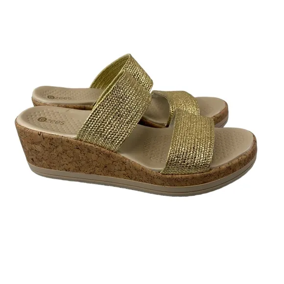 Bzees Womens Size 9.5M Resort Gold Fabric Platform Wedge Sandals Beach Summer
