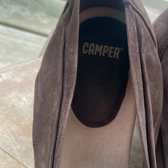 Camper Dark Brown Suede Leather Strap Wood Wedge Heel Sandals Women's Size 10