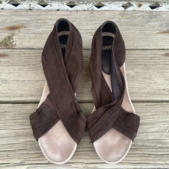 Camper Dark Brown Suede Leather Strap Wood Wedge Heel Sandals Women's Size 10