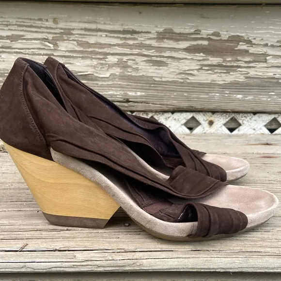 Camper Dark Brown Suede Leather Strap Wood Wedge Heel Sandals Women's Size 10
