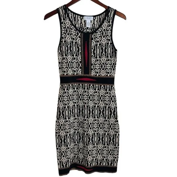 Carmen Marc Valvo Knit Bodycon Dress Size Small Sleeveless Black Cream Red