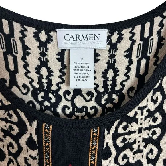 Carmen Marc Valvo Knit Bodycon Dress Size Small Sleeveless Black Cream Red