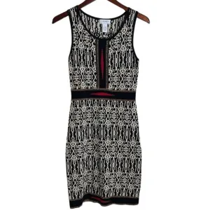 Carmen Marc Valvo Knit Bodycon Dress Size Small Sleeveless Black Cream Red