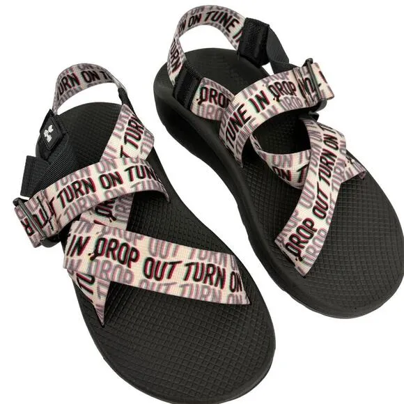 Chaco Cloud Woodstock Sandals Dove Guitar Logo White Black Men's Size 9