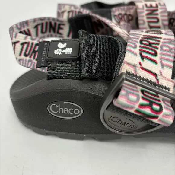 Chaco Cloud Woodstock Sandals Dove Guitar Logo White Black Men's Size 9