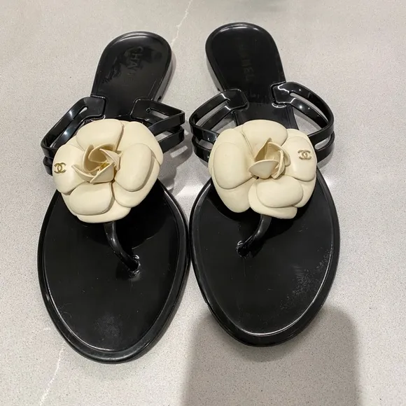 Chanel  Camelia Black and Ivory flip flops 38