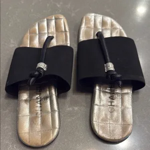 Chanel Silver and Black Sandals with Quilted Footbed and Metal Accents size 35