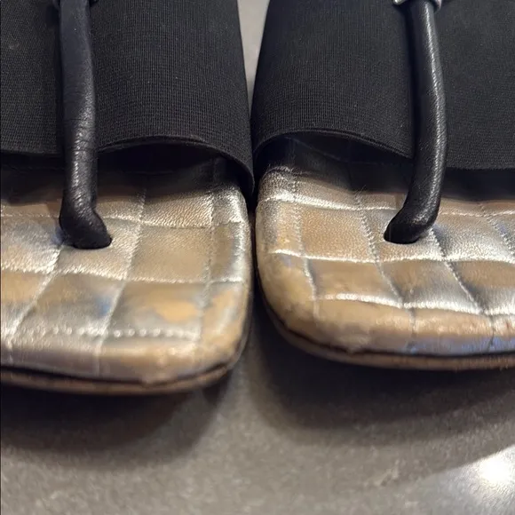 Chanel Silver and Black Sandals with Quilted Footbed and Metal Accents size 35