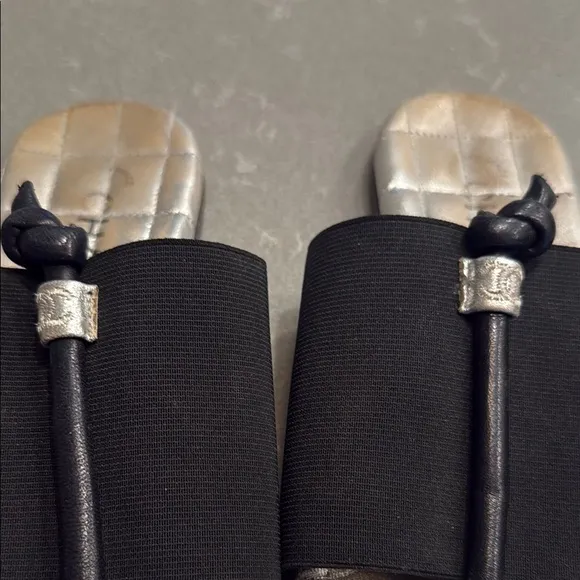 Chanel Silver and Black Sandals with Quilted Footbed and Metal Accents size 35