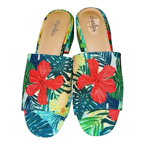 Charles By Charles David Tropical Red and Green Mules Vibrant Floral Sandals 7.5