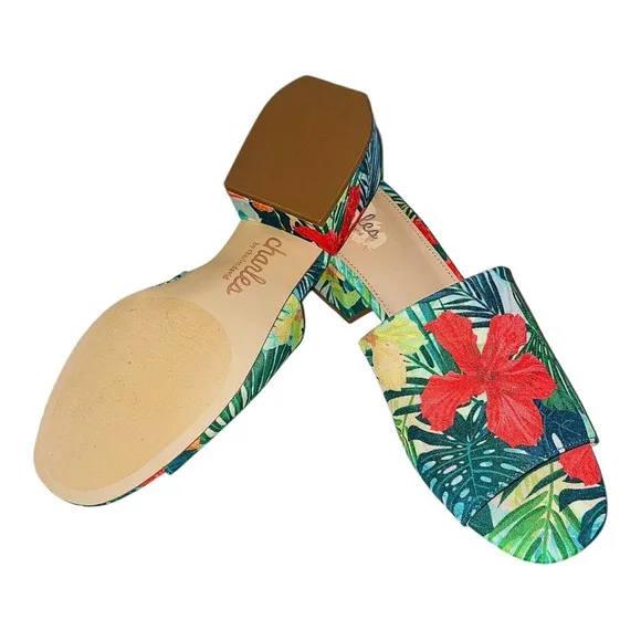 Charles By Charles David Tropical Red and Green Mules Vibrant Floral Sandals 7.5