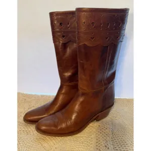 Charlie 1 Horse Leather Western Boots Heart Cutout Brown Tall Size 9.5B Handmade