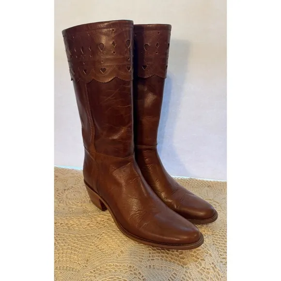 Charlie 1 Horse Leather Western Boots Heart Cutout Brown Tall Size 9.5B Handmade