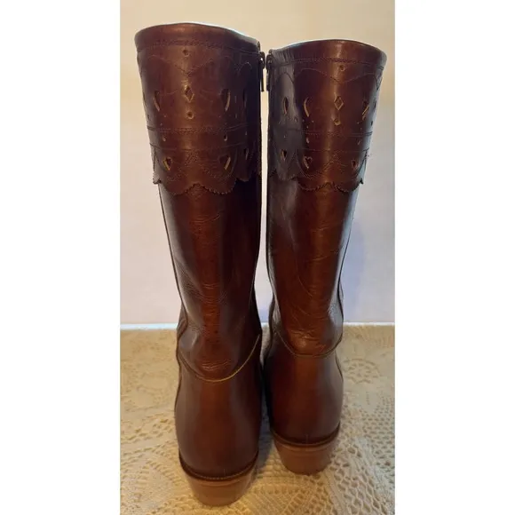 Charlie 1 Horse Leather Western Boots Heart Cutout Brown Tall Size 9.5B Handmade