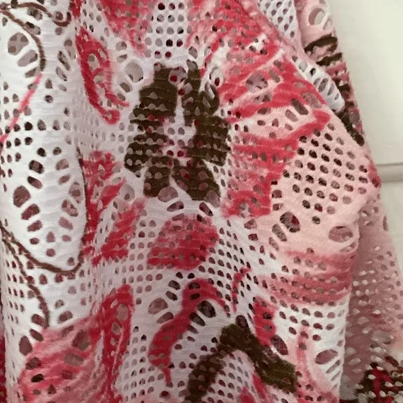 Chico’s Size 2 Mesh Cardigan Floral Print Tunic Colorful Chicos Size Large 3/4