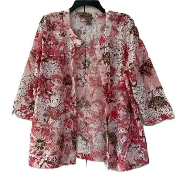 Chico’s Size 2 Mesh Cardigan Floral Print Tunic Colorful Chicos Size Large 3/4