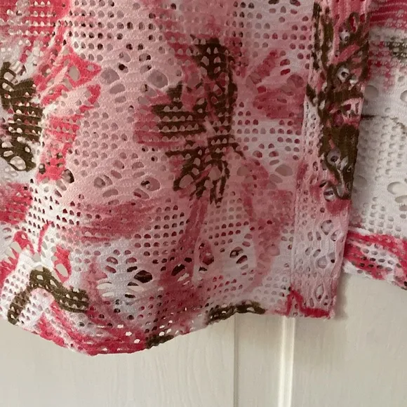 Chico’s Size 2 Mesh Cardigan Floral Print Tunic Colorful Chicos Size Large 3/4
