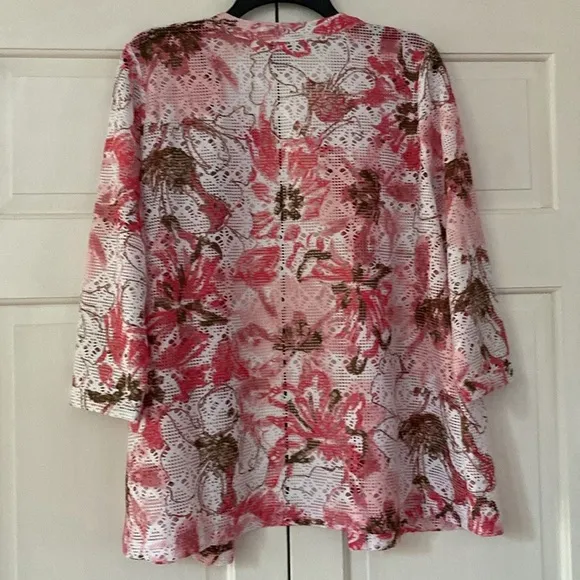 Chico’s Size 2 Mesh Cardigan Floral Print Tunic Colorful Chicos Size Large 3/4